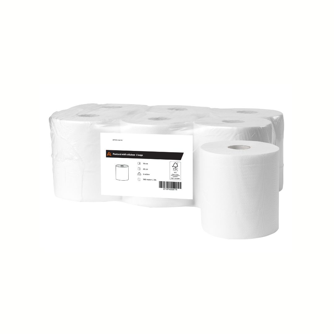 Poetsrol midi cellulose 1laags | 19 cm | 6 x 300 meter in folie